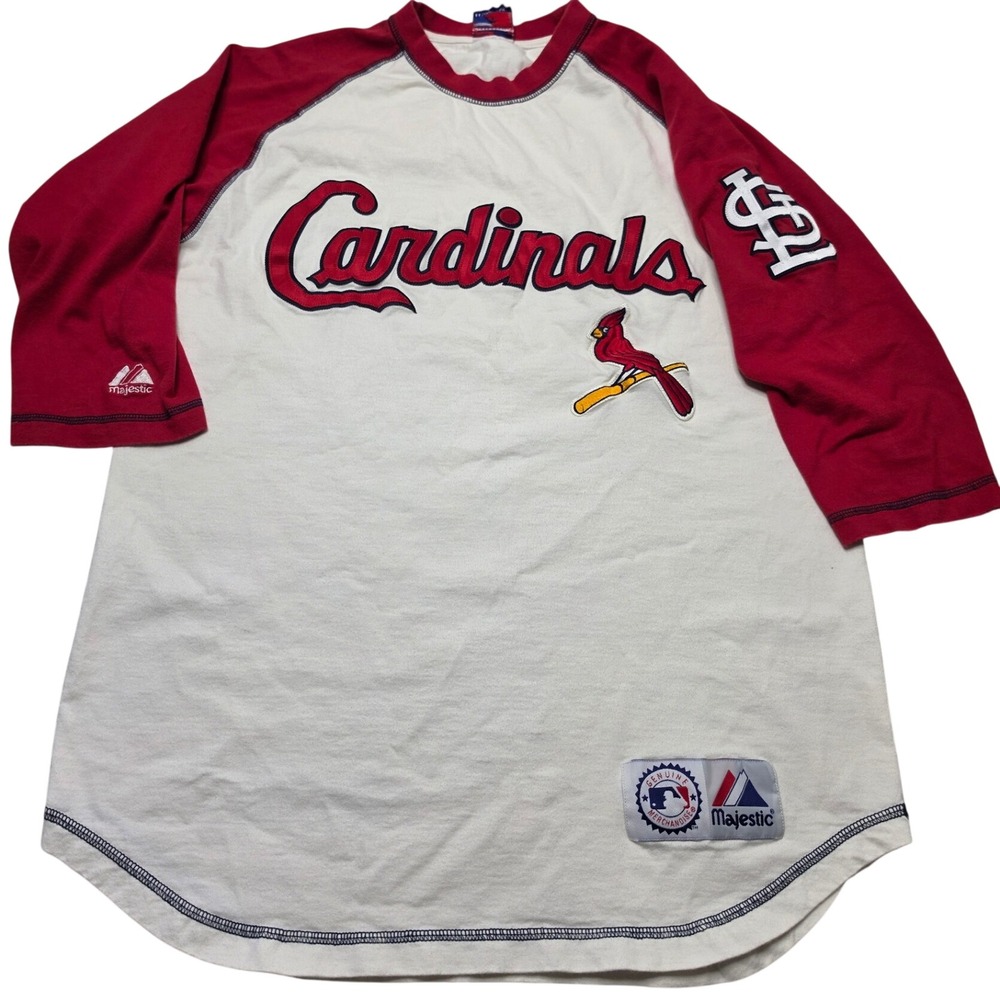 Majestic St Louis Cardinals Baseball Shirt Red White Raglan 3/4 Sleeve XL